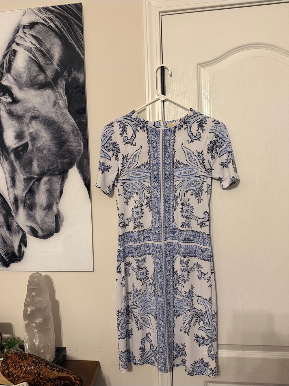 Michael Kors Blue & White Paisley Short Sleeve Midi Dress